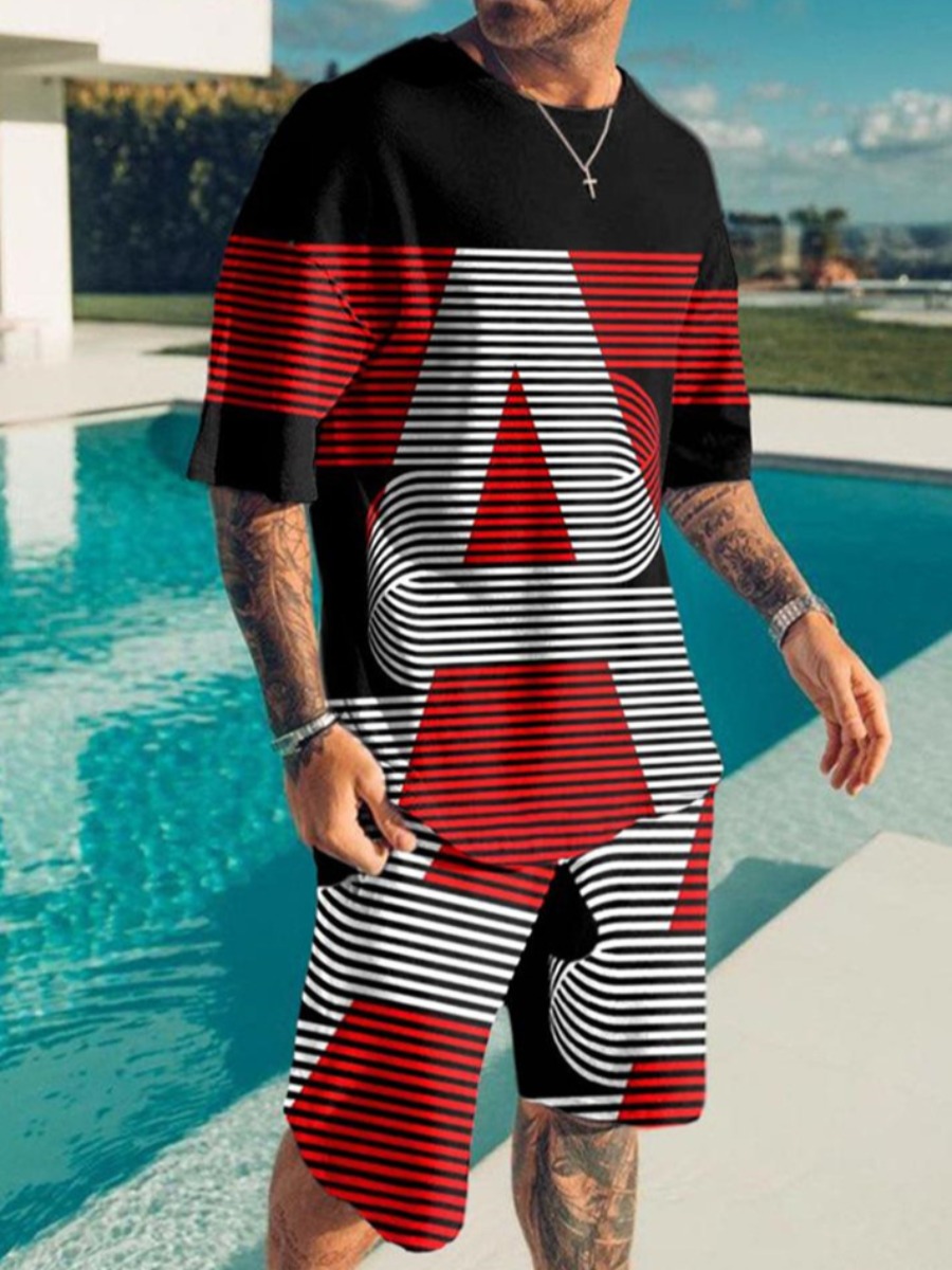 

LW Men Letter Print Striped Shorts Set, Red