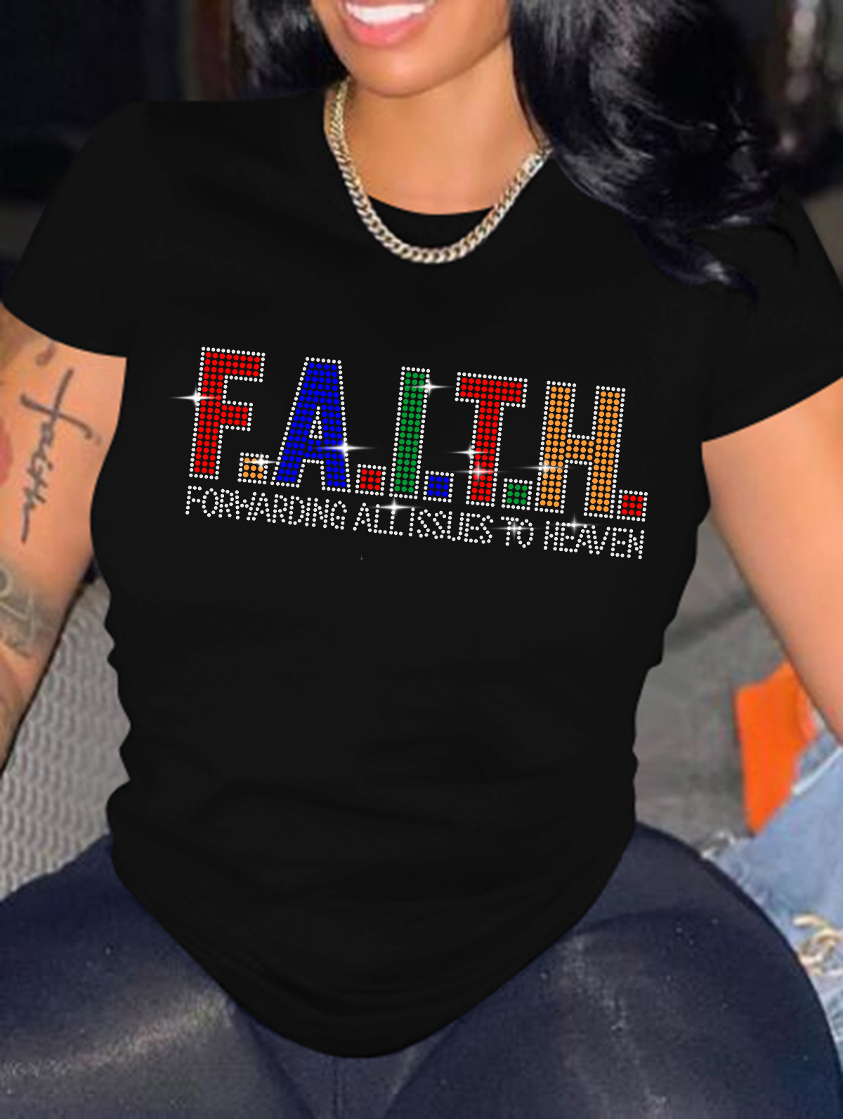 

LW Plus Size Rhinestone Faith Letter T-shirt, Black
