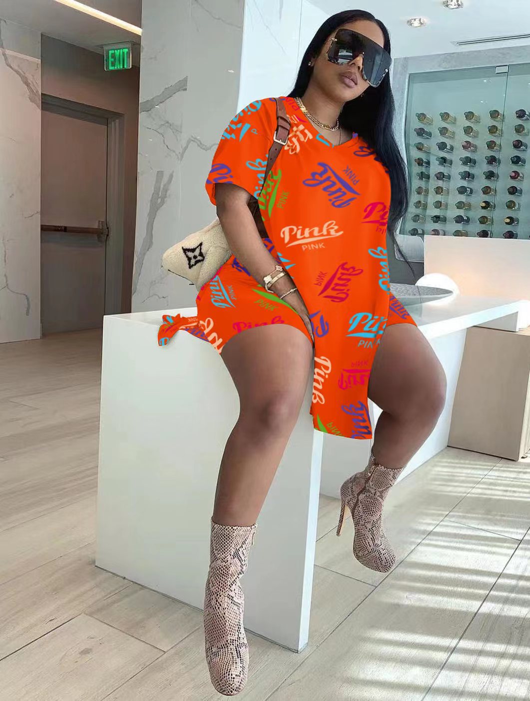 LW BASICS Plus Size Pink Letter Print Split Shorts Set