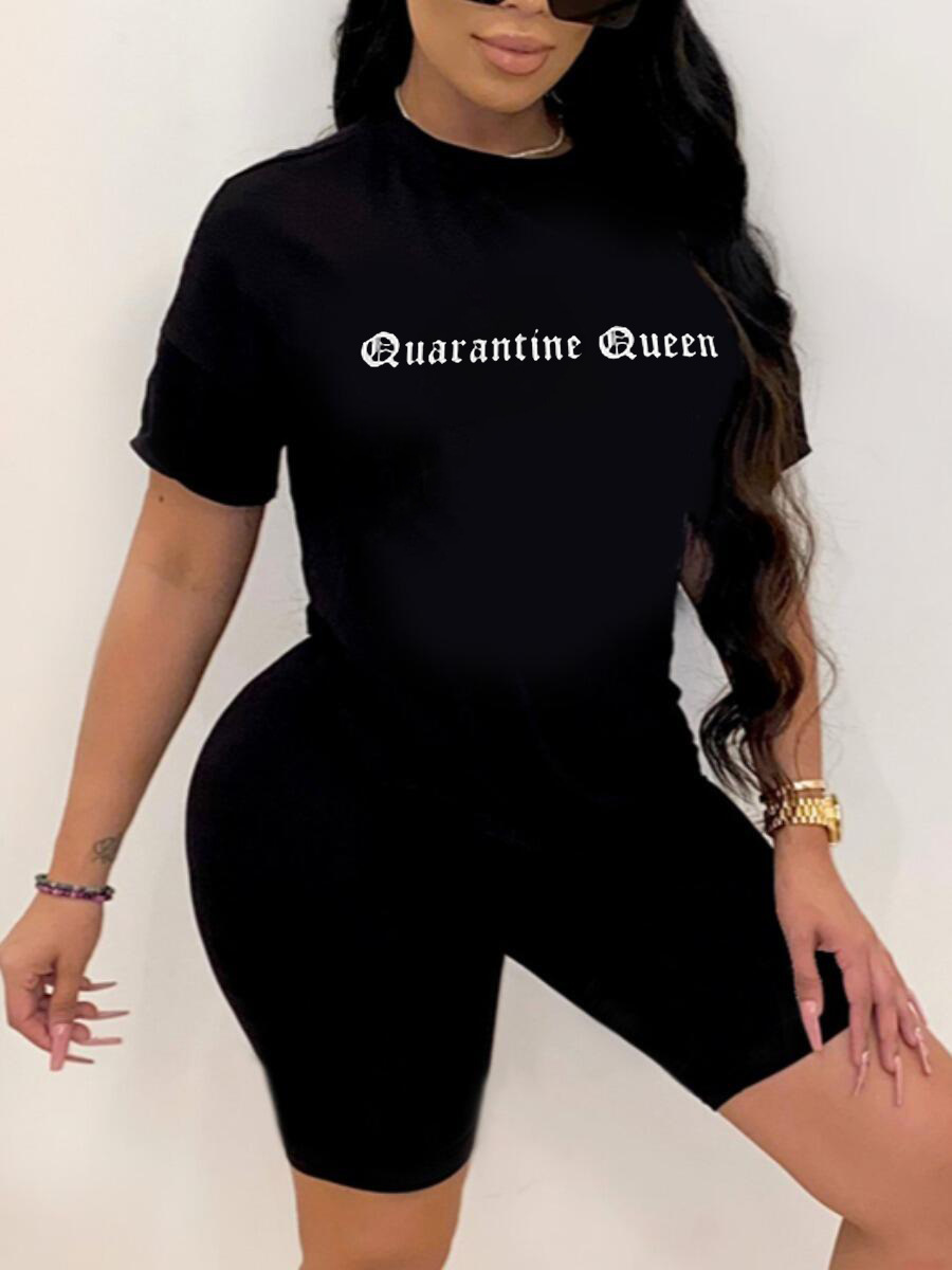 

LW BASICS Quarantine Queen Letter Print Shorts Set, Black