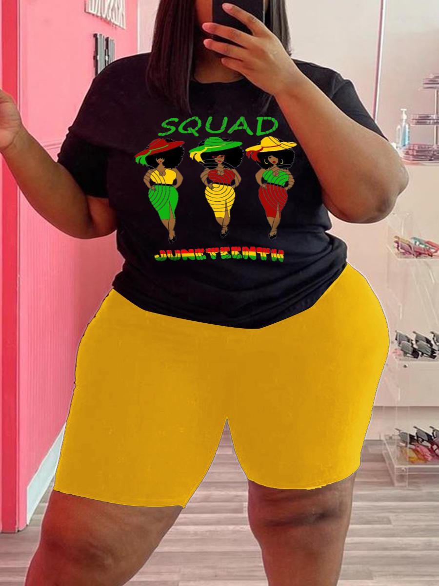 

LW Plus Size Figure Squad Letter Print Shorts Set, Black