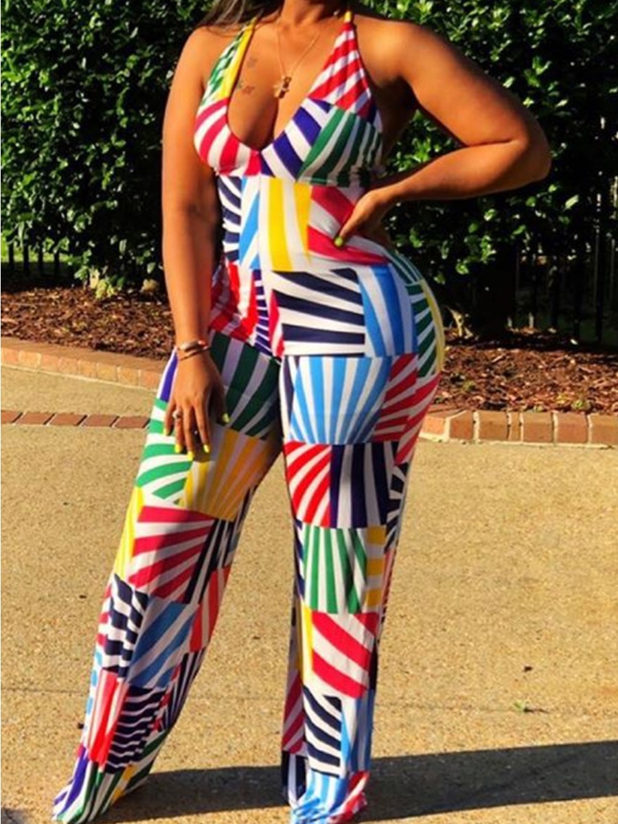 

LW Plus Size Geometric Print Backless Jumpsuit, Multi