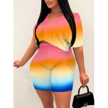 

LW Casual V Neck Gradient Multicolor Shorts Set, Multi