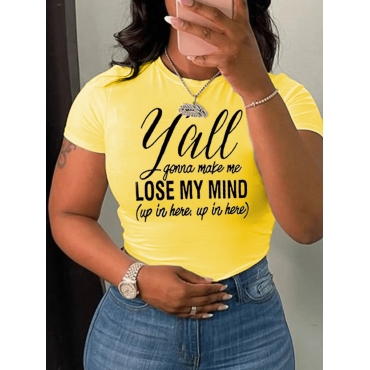 

LW Round Neck Letter Print T-shirt, Yellow