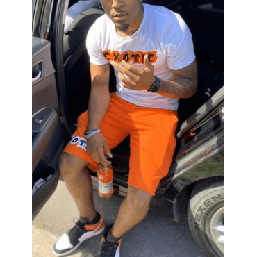 

LW Men Letter Print Drawstring Shorts Set, Orange