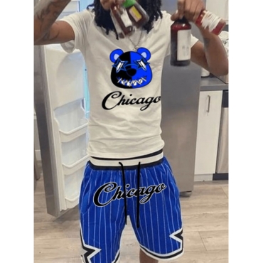 

LW Men Cartoon Letter Print Striped Shorts Set, Blue