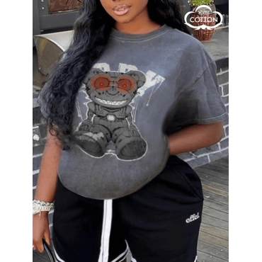 

LW COTTON Plus Size Cartoon Letter Print T-shirt, Dark grey