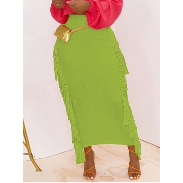 

LW High-waisted Tassel Design Skirt, Green