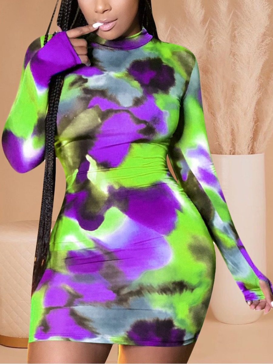 

LW Round Neck Tie-dye Bodycon Dress, Green