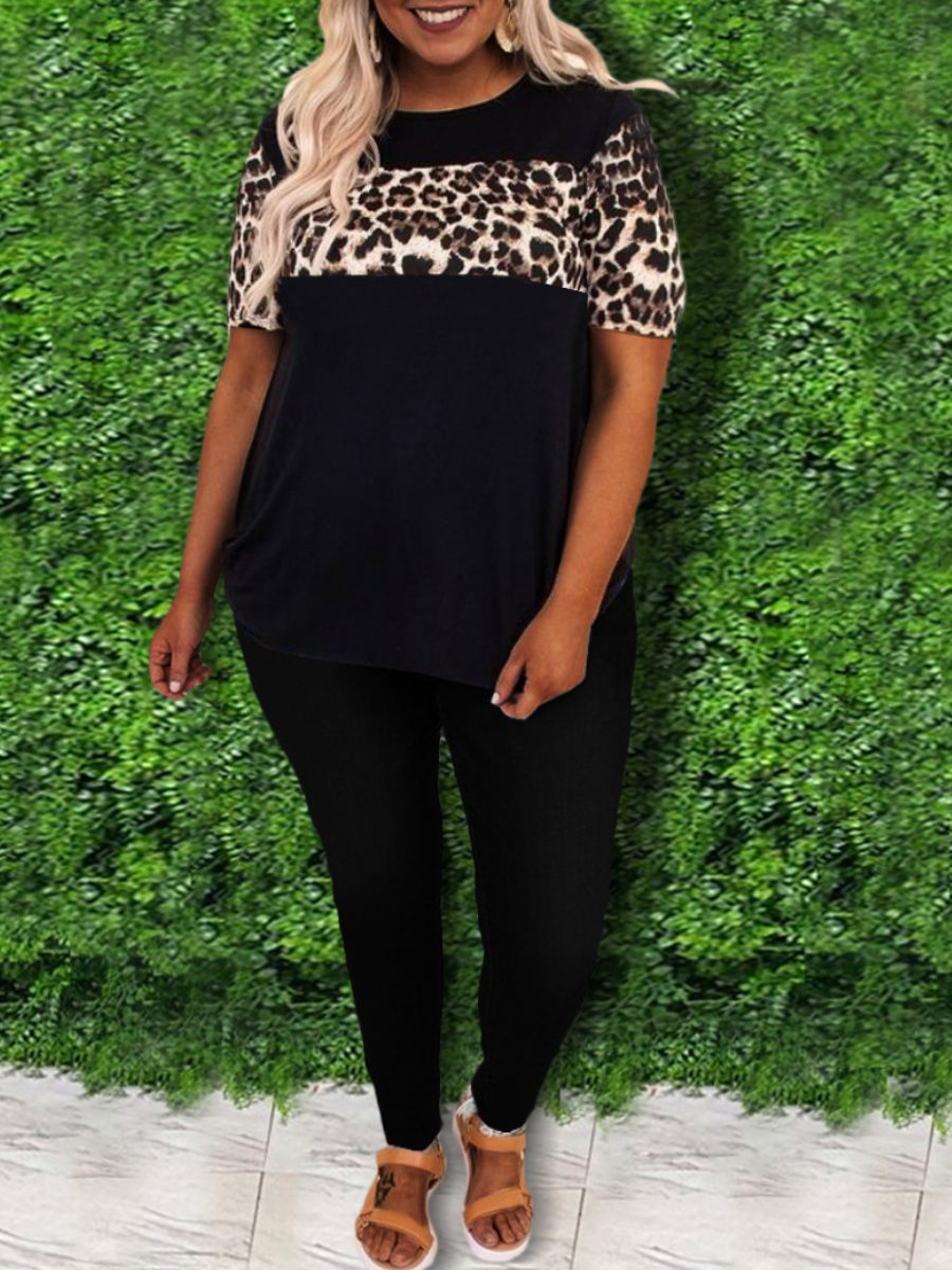 

LW Plus Size Round Neck Leopard Print Pants Set, Black