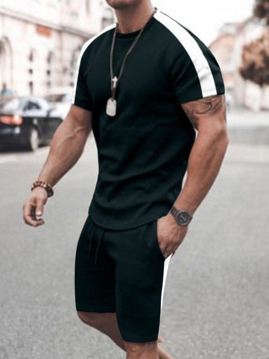 

LW COTTON Men Striped Drawstring Shorts Set, Black