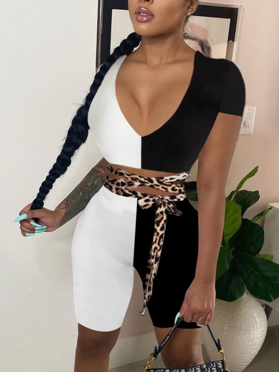 

LW BASICS Crop Top Patchwork Shorts Set, Black