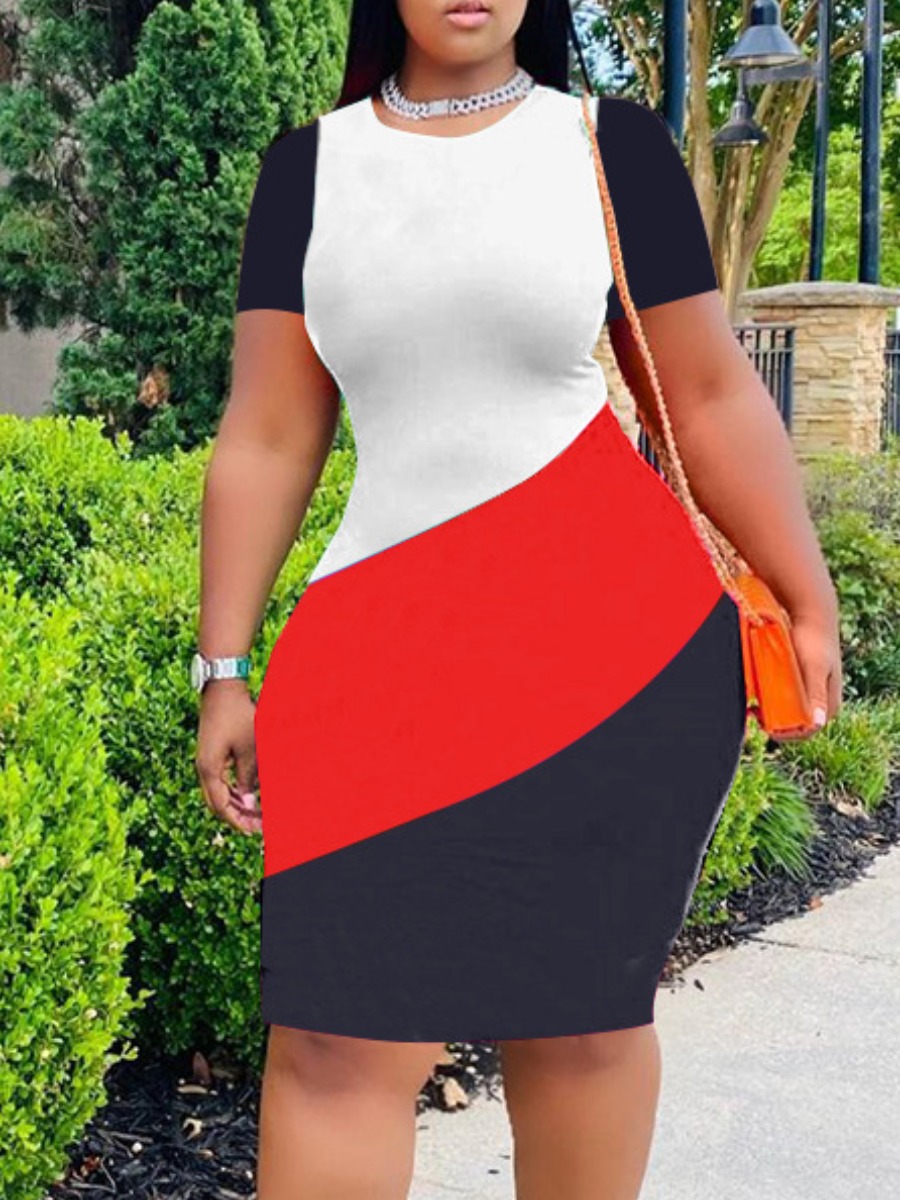 

LW Plus Size Color Block Patchwork Bodycon Dress, Red