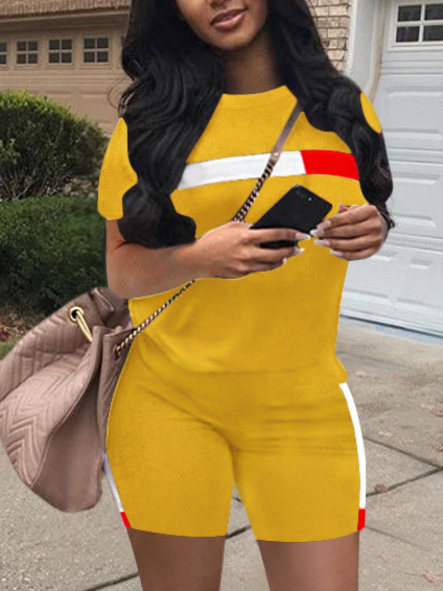 LovelyWholesale Round Neck Striped Patchwork Shorts Set Summer Short Sleeve Casual Basic Round Neck Spring Summer 2024