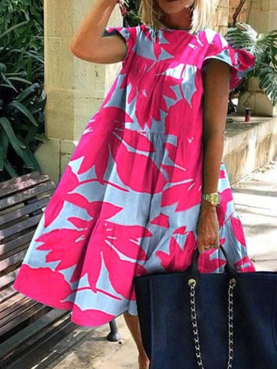 

LW Floral Print A Line Loose Dress, Rose red