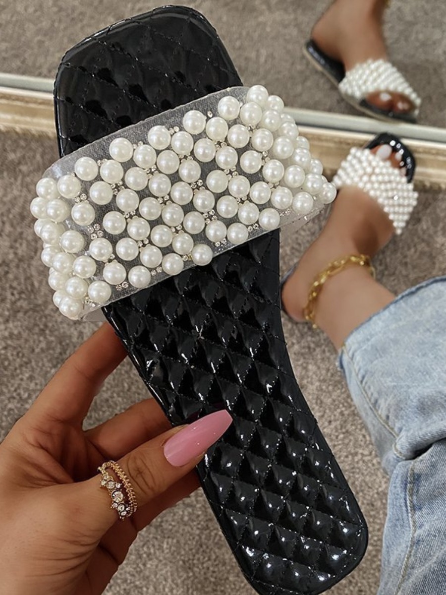 

LW Square Toe Pearl Decor Slides, Black