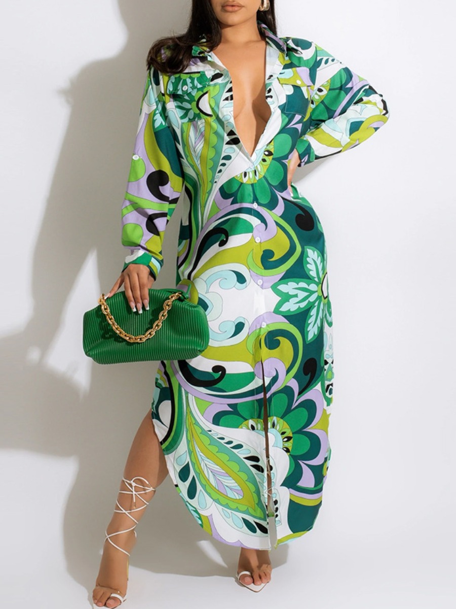 

LW Floral Print Slit Shirt Dress, Green