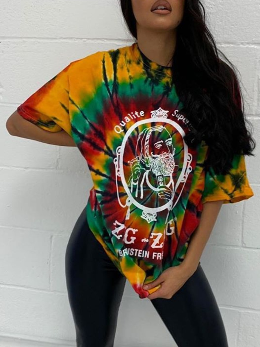 

LW Tie-dye Letter Print Loose T-shirt, Multi