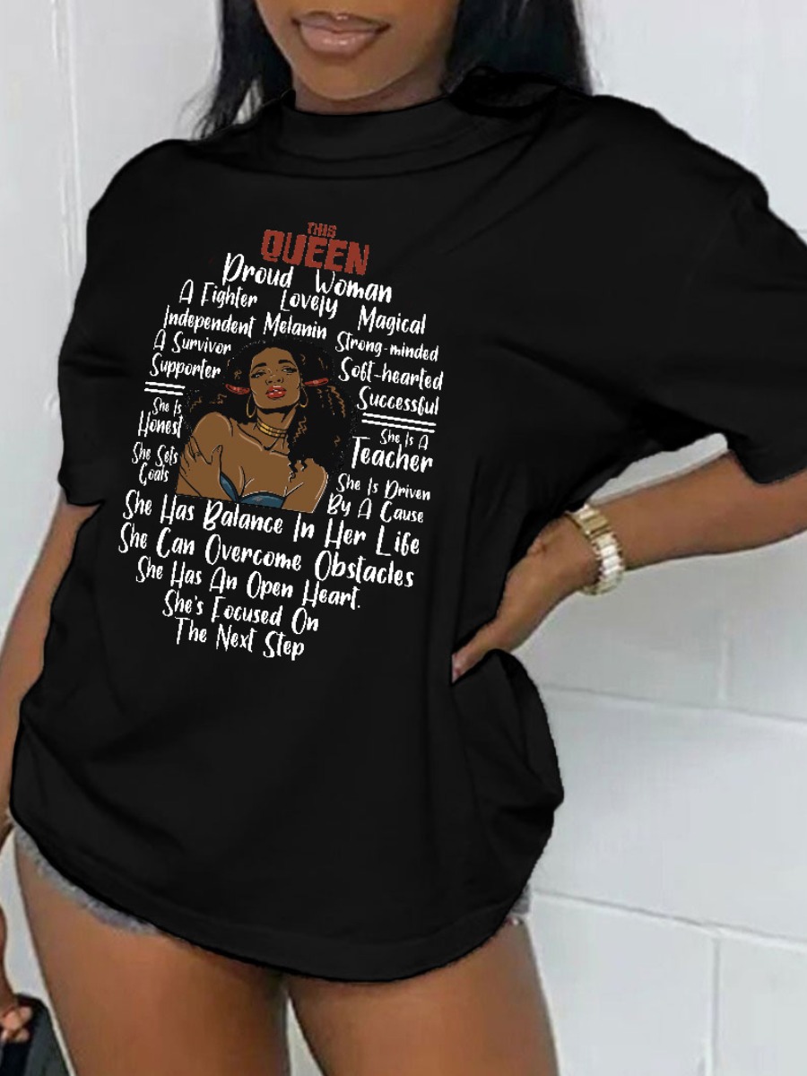 

LW BASICS Queen Figure Letter Print T-shirt, Black