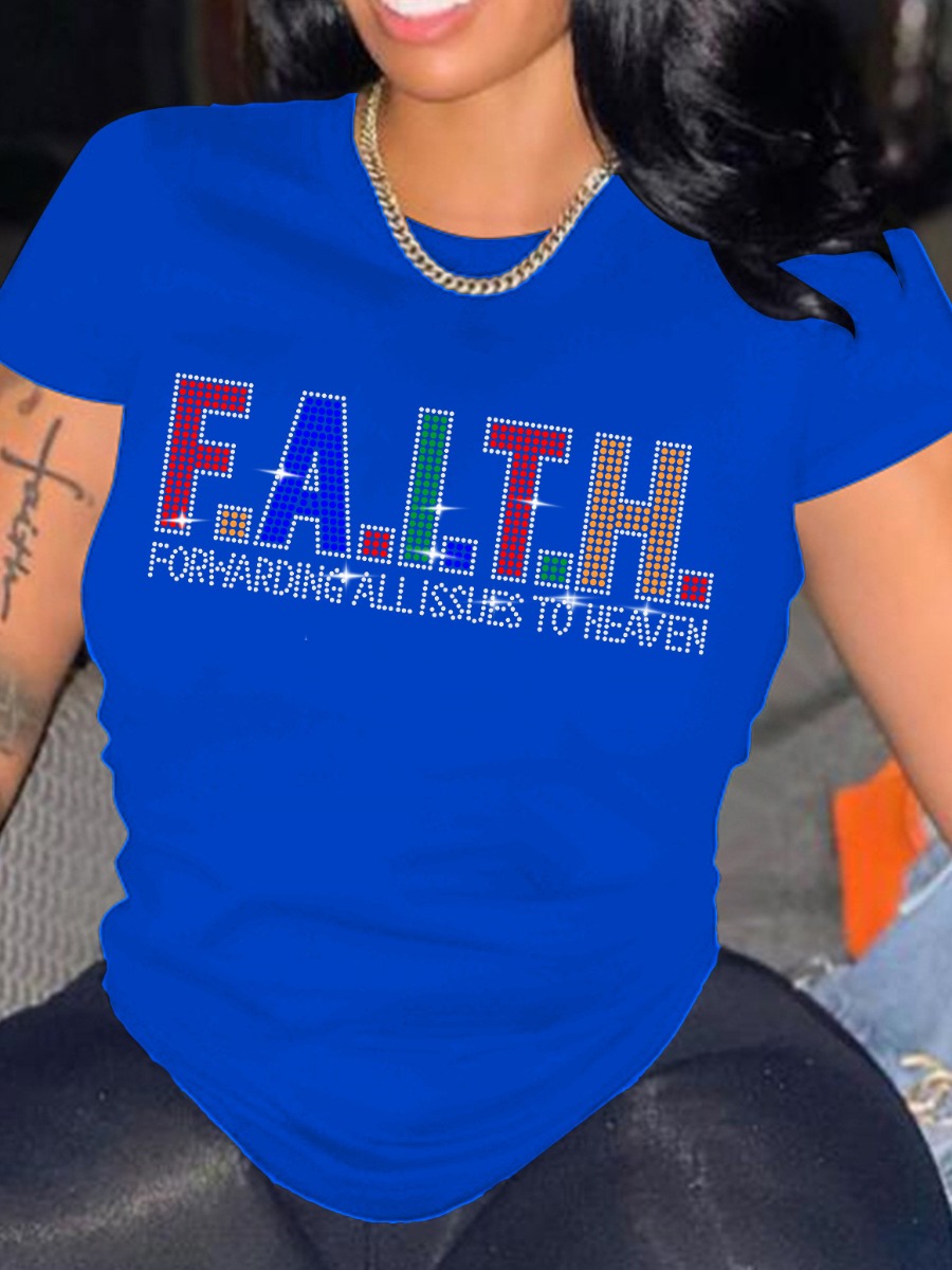 

LW Plus Size Rhinestone Faith Letter T-shirt, Royalblue