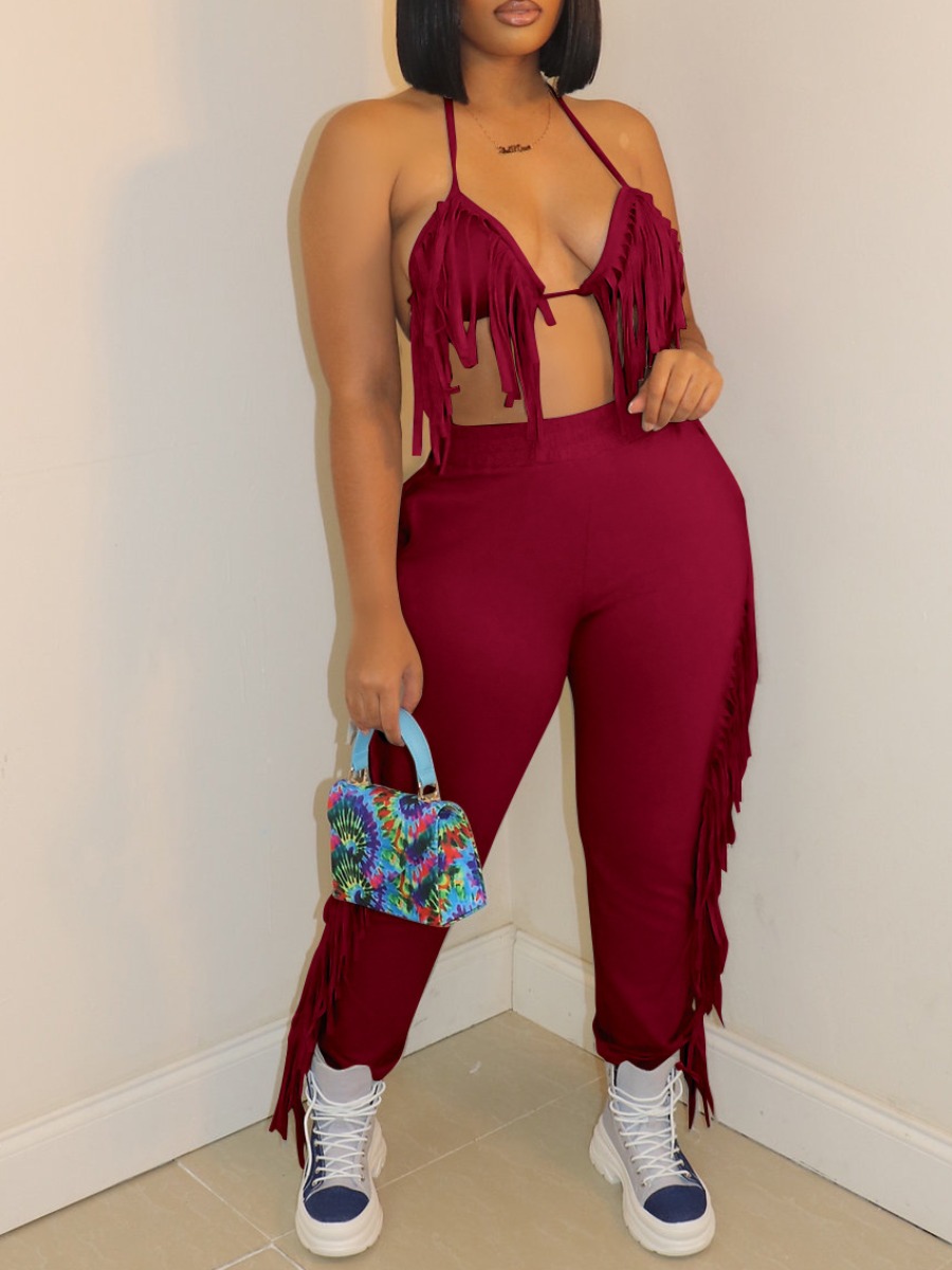 

LW SXY Bra Tassel Design Pants Set, Red