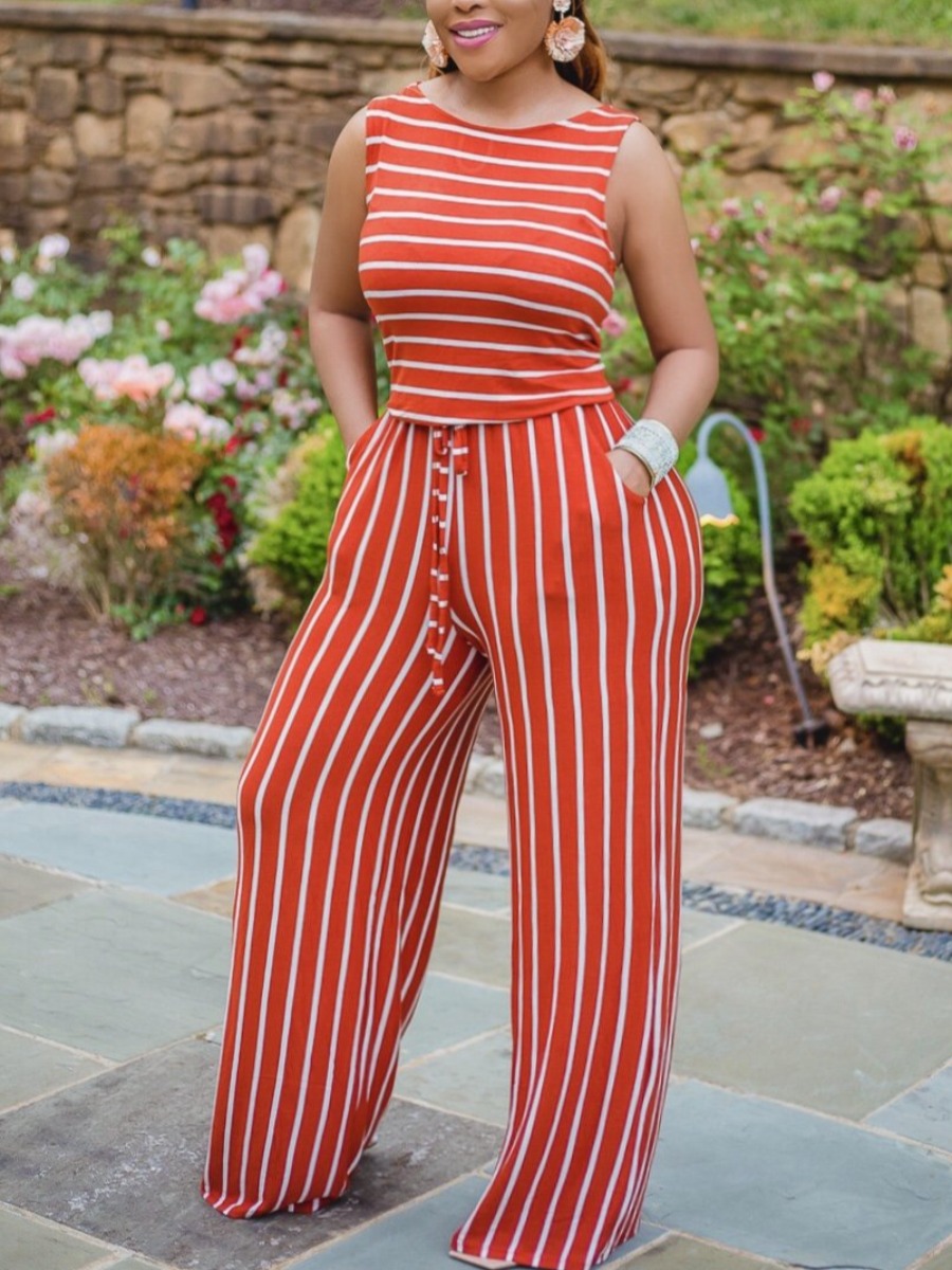 

LW Plus Size Striped Wide Leg Pants Set, Jacinth