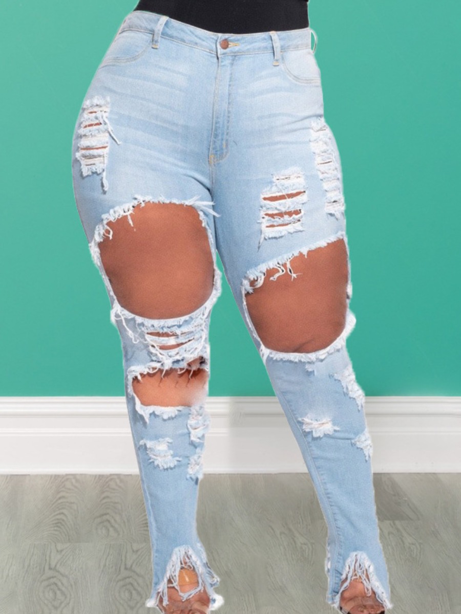 

LW SXY Plus Size Ripped Medium Stretchy Jeans, Baby blue