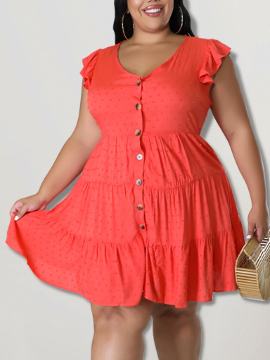 

LW BASICS Plus Size Button Ruffle Design A Line Dress, Red