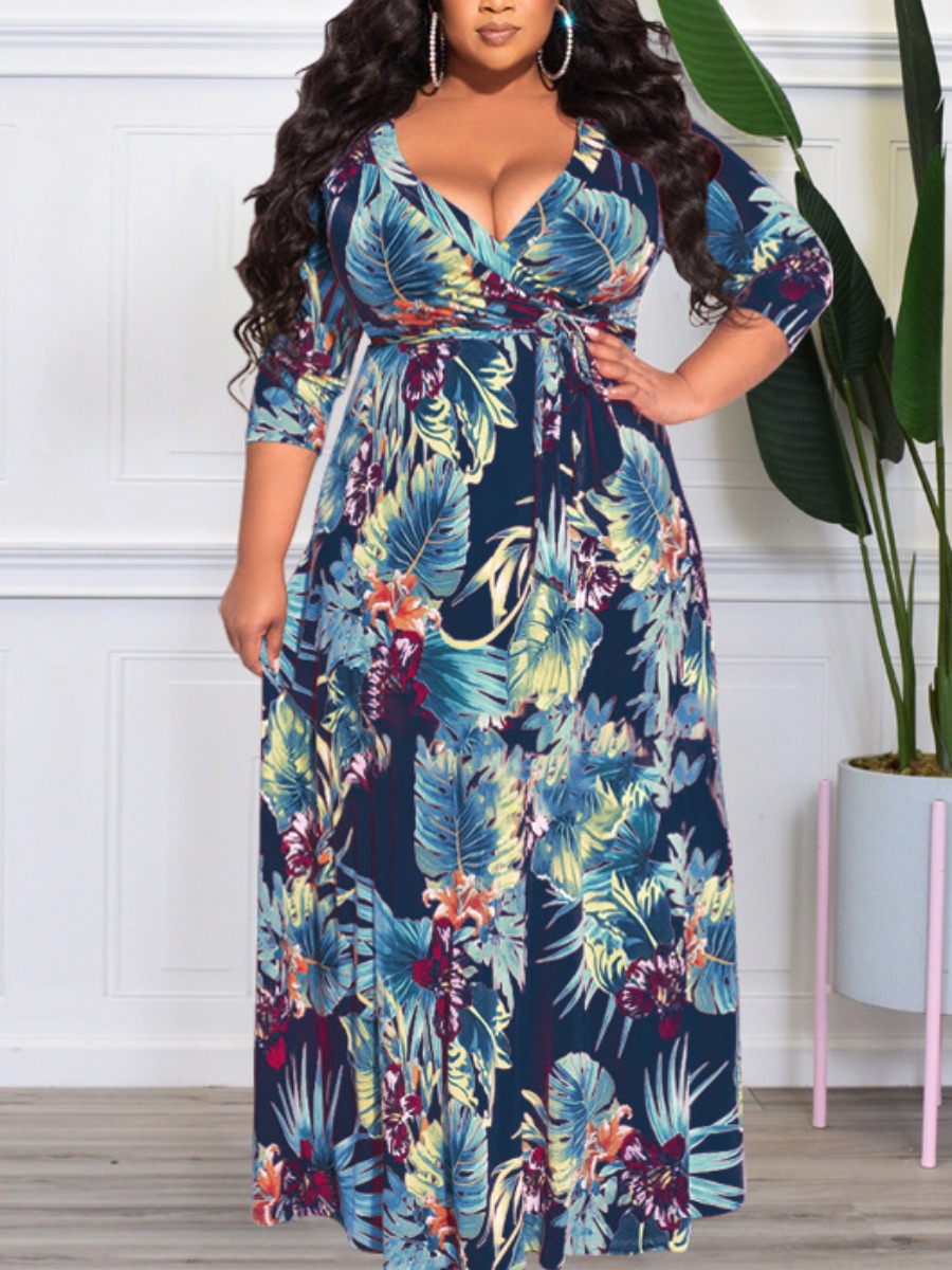 

LW Plus Size Floral Print A Line Dress, Navy blue