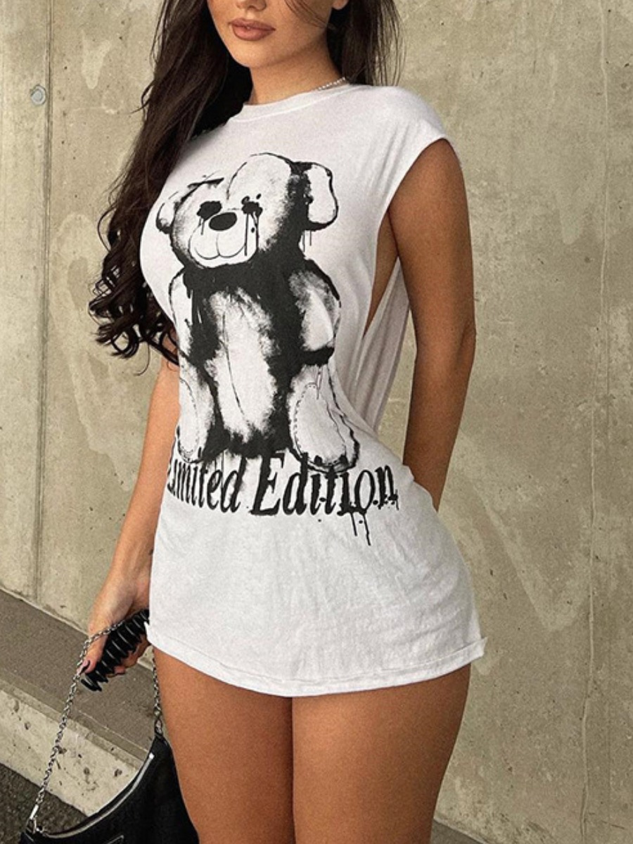 

LW Round Neck Cartoon Letter Print Dress, White