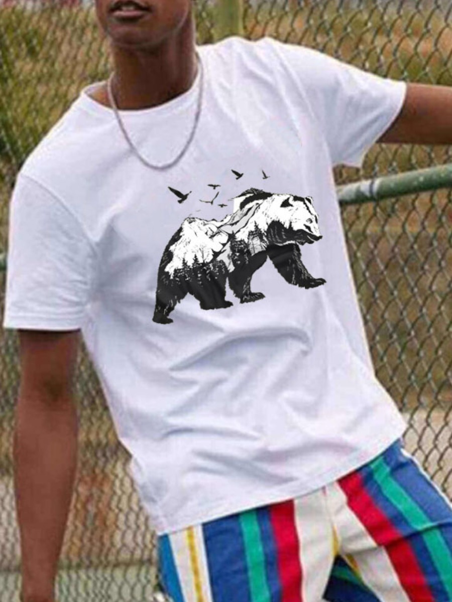 

LW Men Round Neck Cartoon Print T-shirt, White