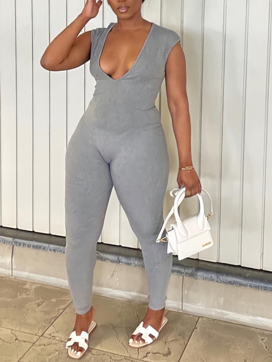 

LW Plus Size Deep V Neck Solid Color Basic Jumpsuit, Grey