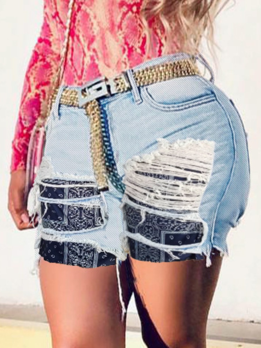 

LW Denim Mid-Waist Ripped Solid Regular Low Stretchy Denim Shorts, Baby blue