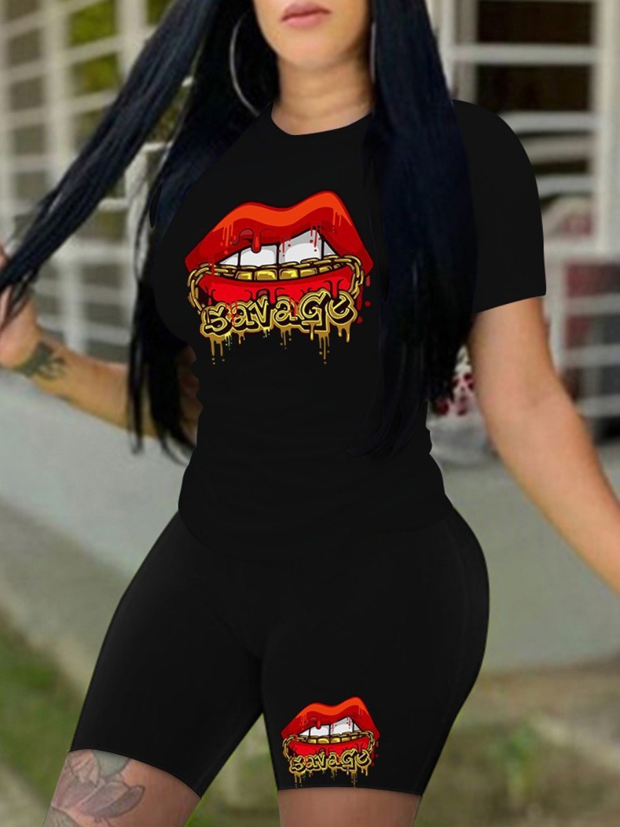 LW Lip Letter Print Shorts Set