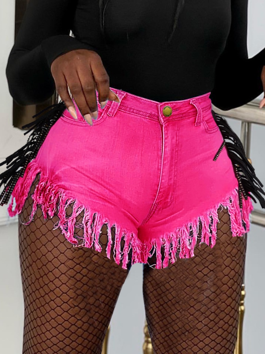 

LW BASICS Tassel Design Medium Stretchy Denim Shorts, Rose red