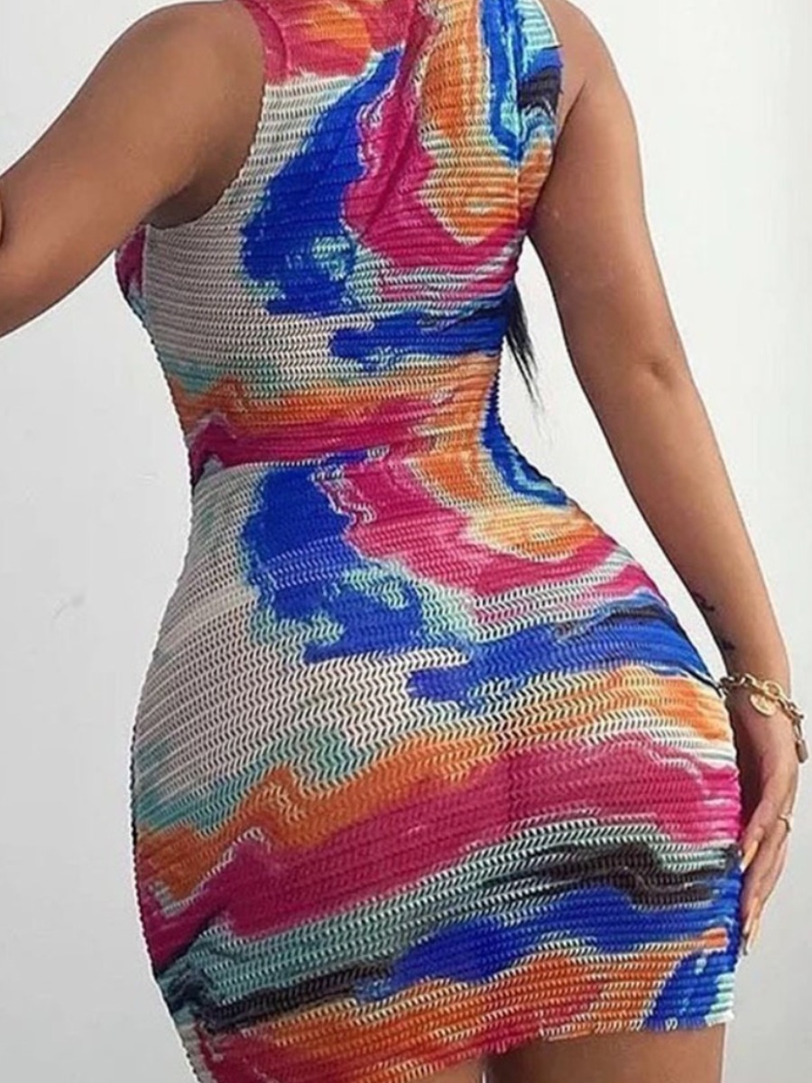 LW SXY Mixed Print Grid Yarn Bodycon Dress