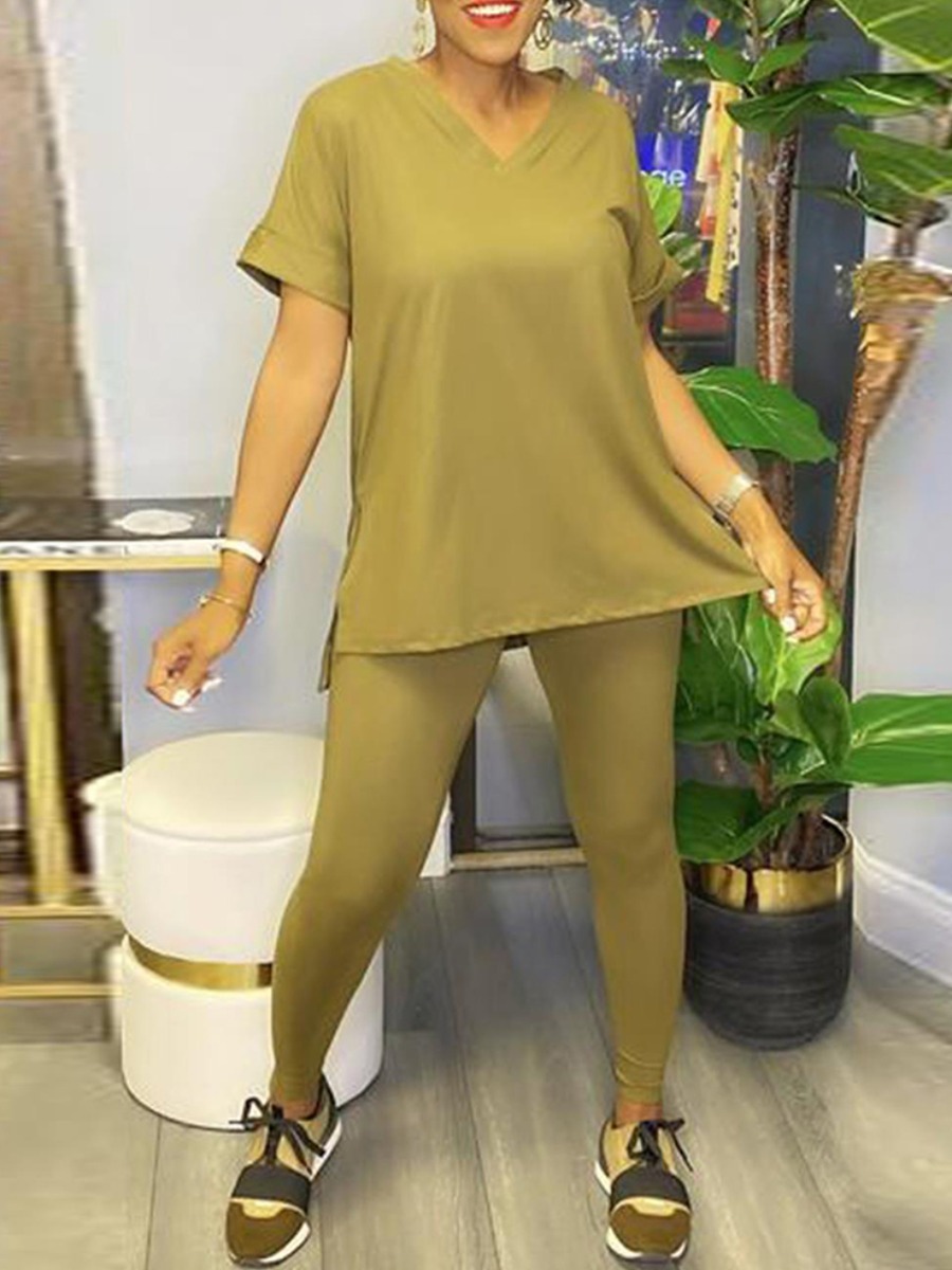 

LW Plus Size V Neck Split Pants Set, Cream-colored