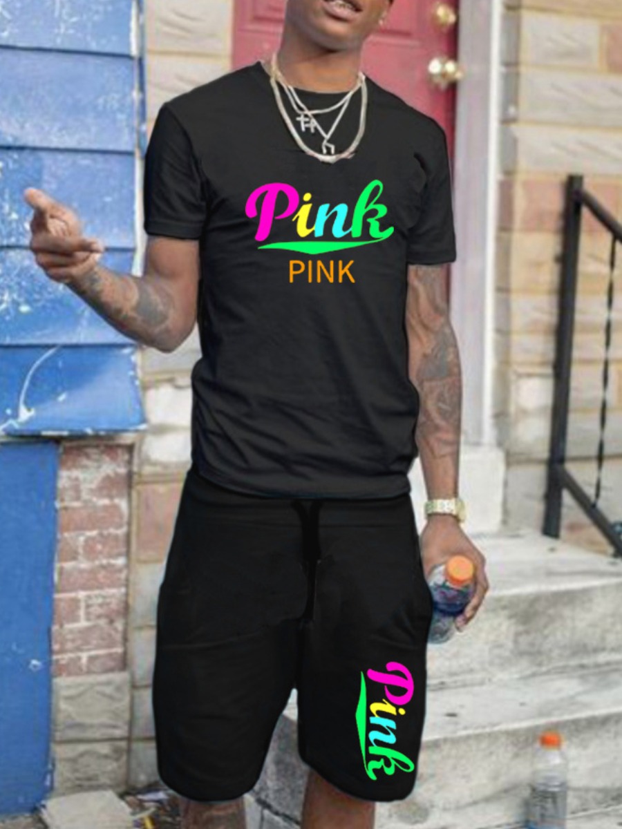 

LW BASICS Men Pink Letter Print Drawstring Shorts Set, Black