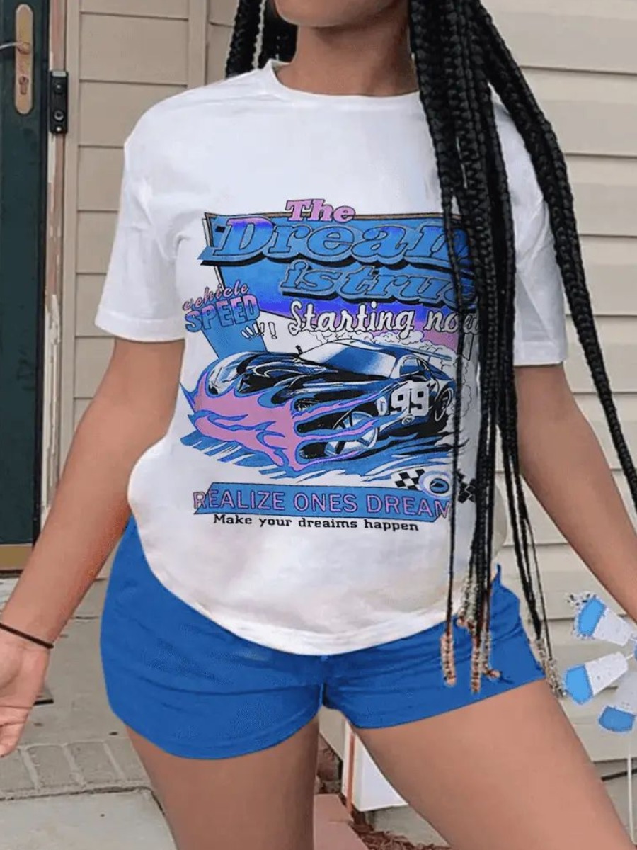 

LW Plus Size Car Letter Print Basic Shorts Set, Blue