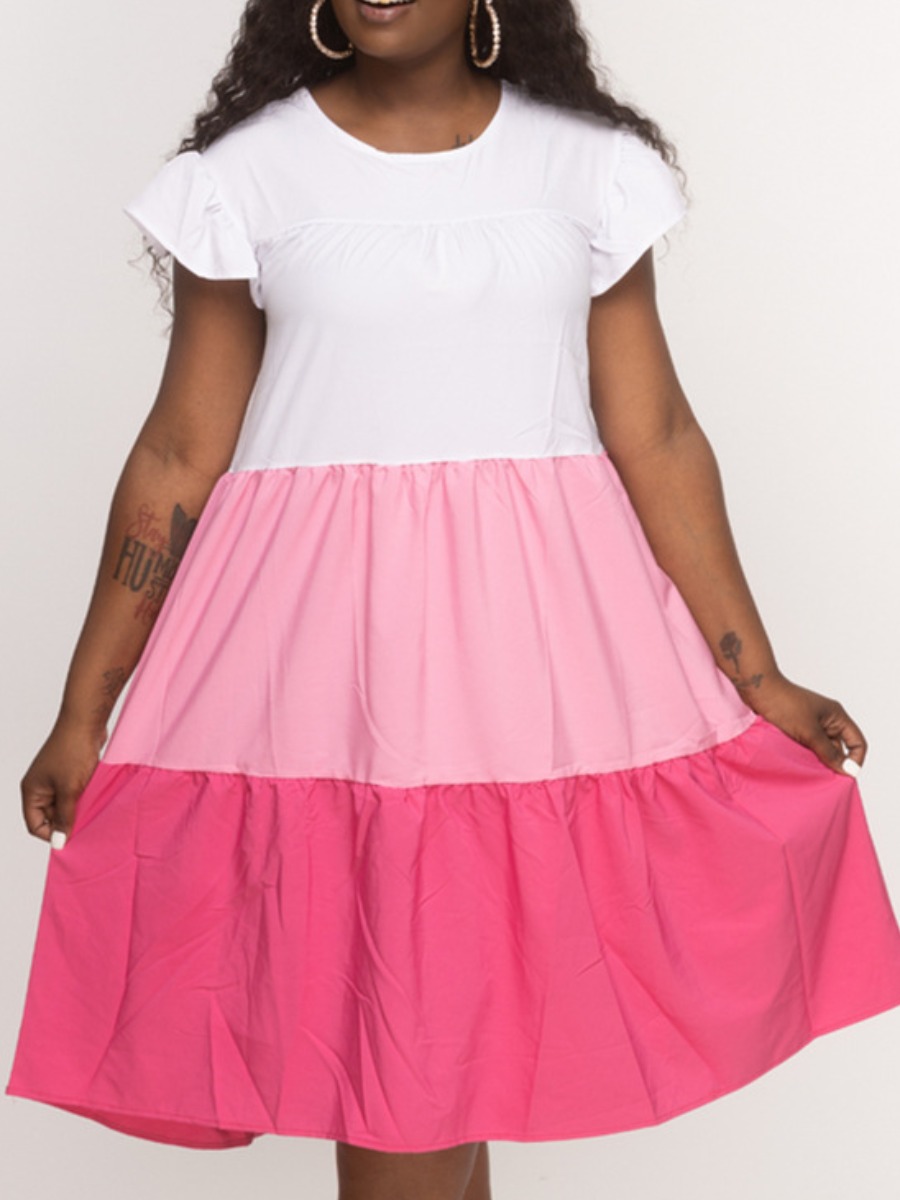 

LW Plus Size Ruffle Design Patchwork A Line Dress, Rose red