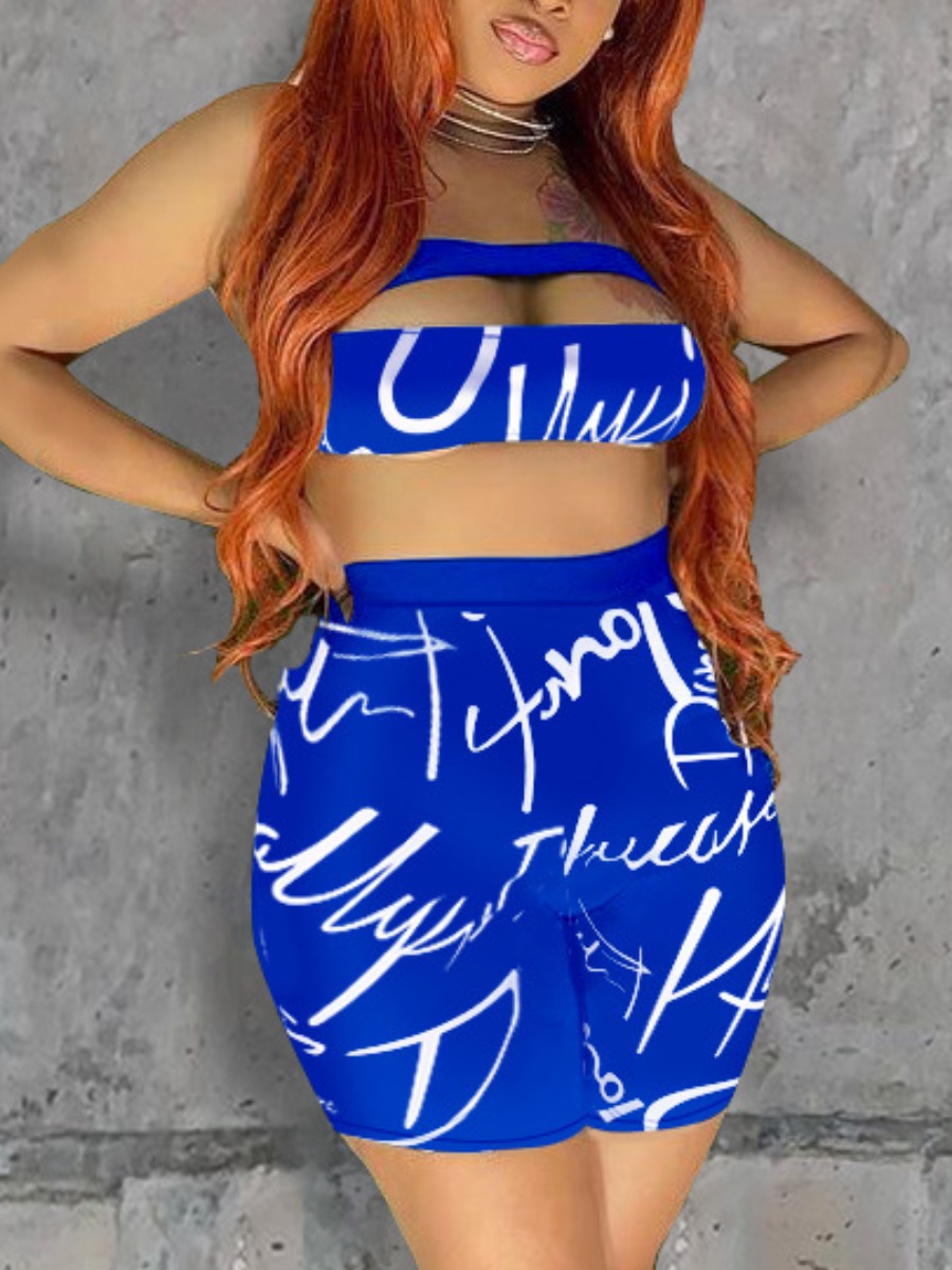 

LW SXY Letter Print Cut Out Print Shorts Set, Blue