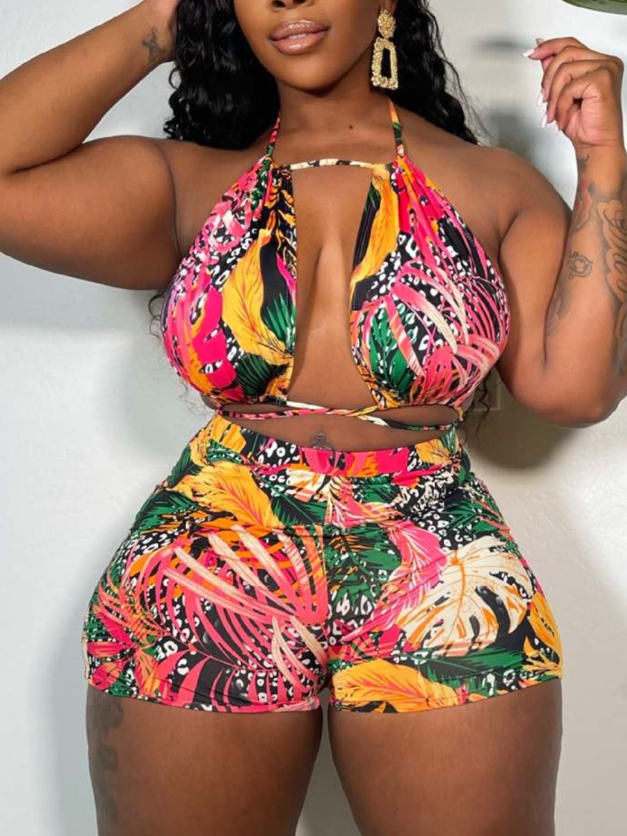 LovelyWholesale Plus Size Floral Print Bandage Design Shorts Set Summer Sleeveless Vacation  5X Spring Summer 2024
