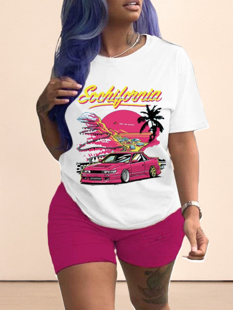 

LW Racing Car Letter Print Shorts Set, Rose red