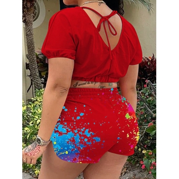 

LW SXY Plus Size Crop Top Splash-ink Lip Print Shorts Set, Red