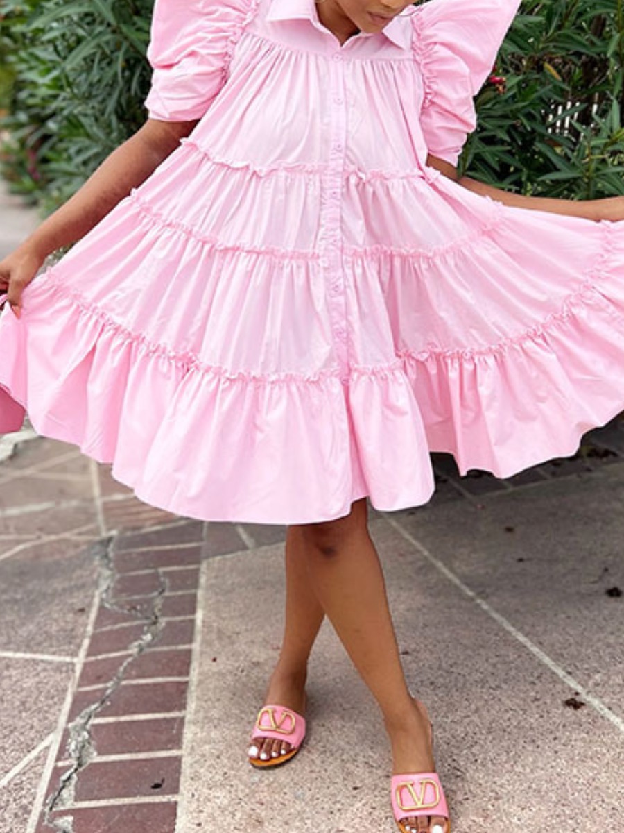 

LW COTTON Ruffle Fold Design A Line Dress, Pink