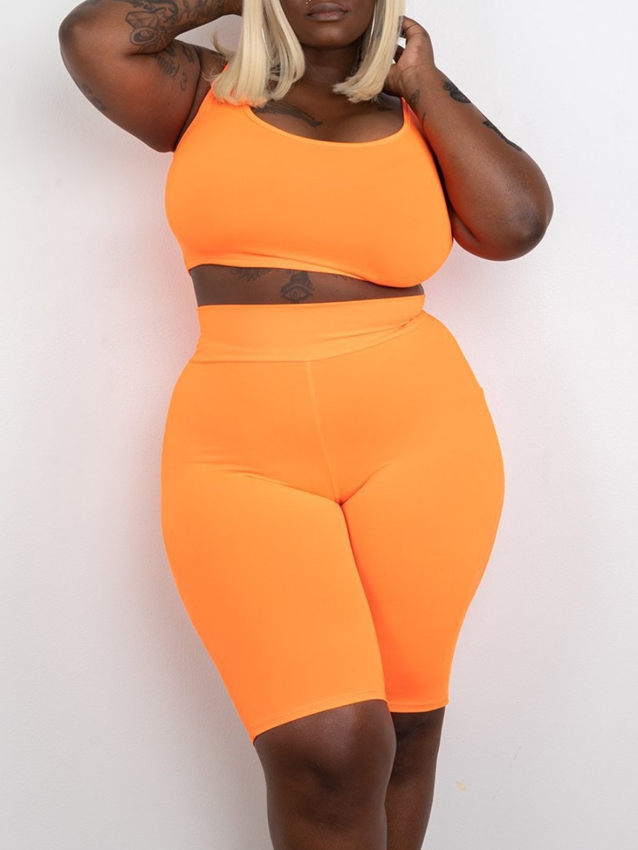 

LW BASICS Plus Size U Neck Skinny Shorts Set, Orange yellow