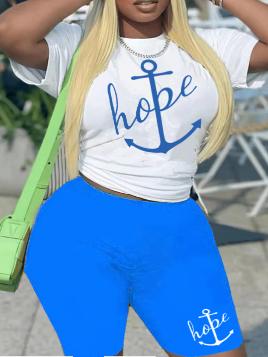 

LW Plus Size Hope Letter Print Shorts Set, Blue
