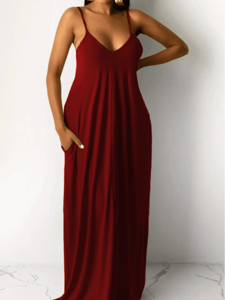 LovelyWholesale BASICS Pocket Design Cami A Line Dress Summer Sleeveless Casual Basic V Neck Spring Summer 2024