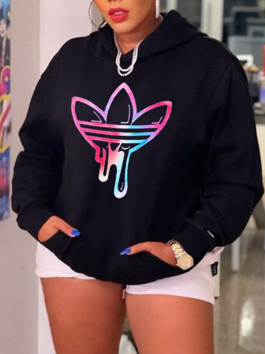 LovelyWholesale Plus Size Kangaroo Pocket Print Hoodie Fall Casual Kangaroo Pocket Hooded Collar  5X Spring Summer 2024