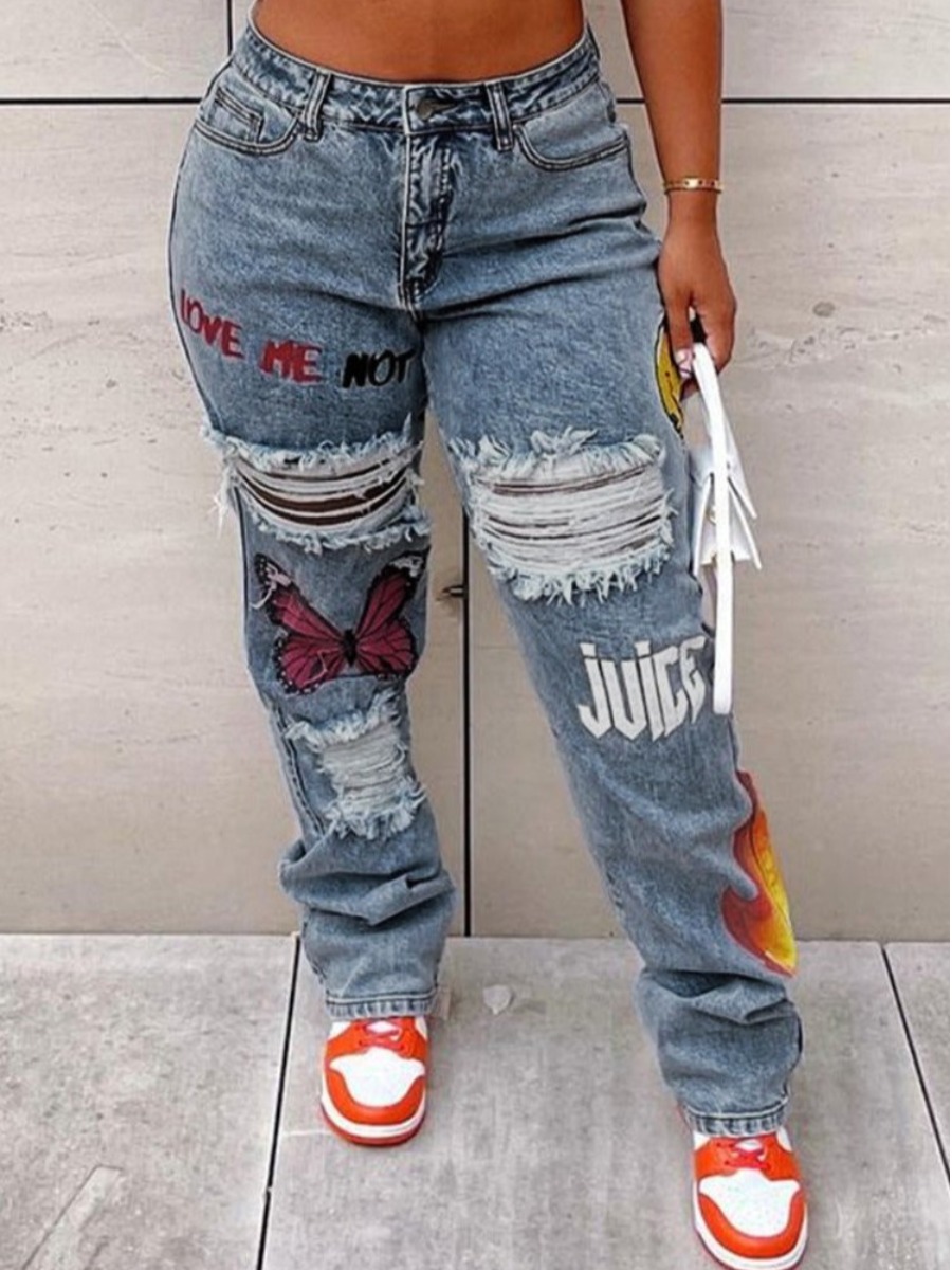 LovelyWholesale Plus Size Butterfly Letter Print Ripped Jeans Spring|Fall Street Ripped  5X Spring Summer 2024